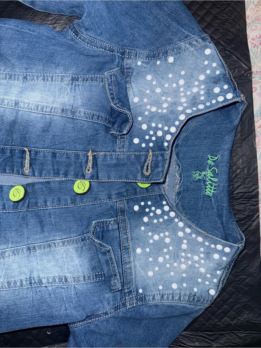 Girls' Blue Denim Jacket with Green Buttons